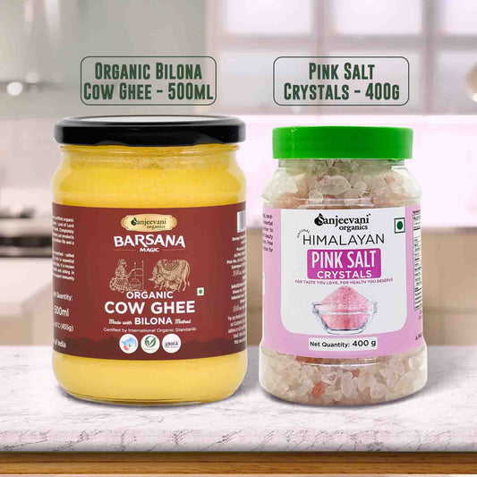 Barsana Magic and Two jars of Barsana Organic Cow Ghee and Himalayan Pink Salt on a kitchen counter.