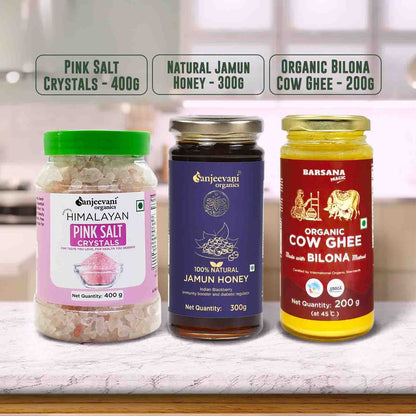 Barsana Magic and Three jars of different health products on a kitchen counter with labels and measurements.