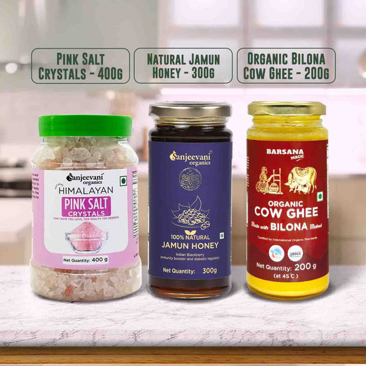 Barsana Magic and Three jars of different health products on a kitchen counter with labels and measurements.