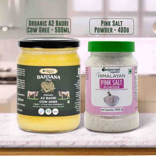 Barsana Magic and Two jars of organic cow ghee and pink salt powder on a kitchen counter.