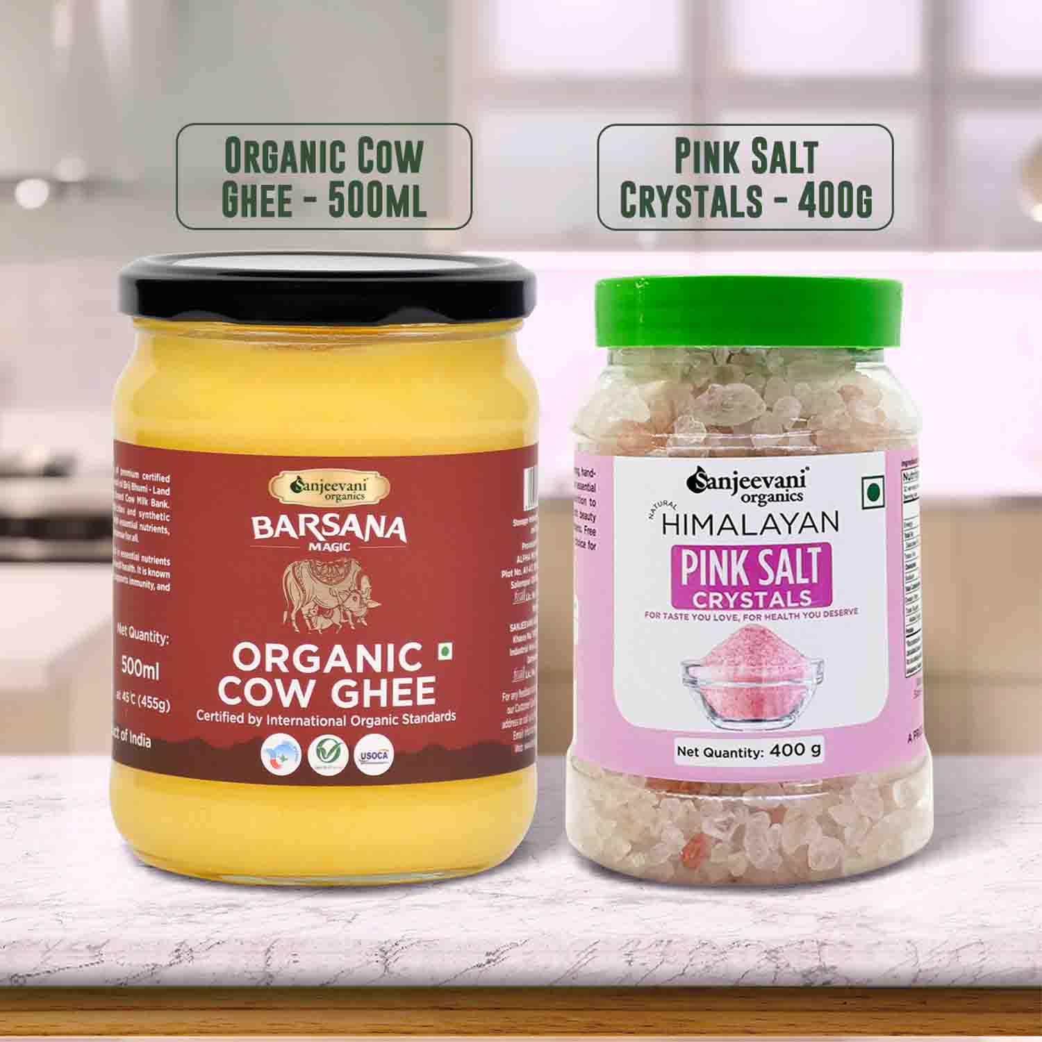 Barsana Magic and Two jars of organic cow ghee and pink salt crystals on a kitchen counter.