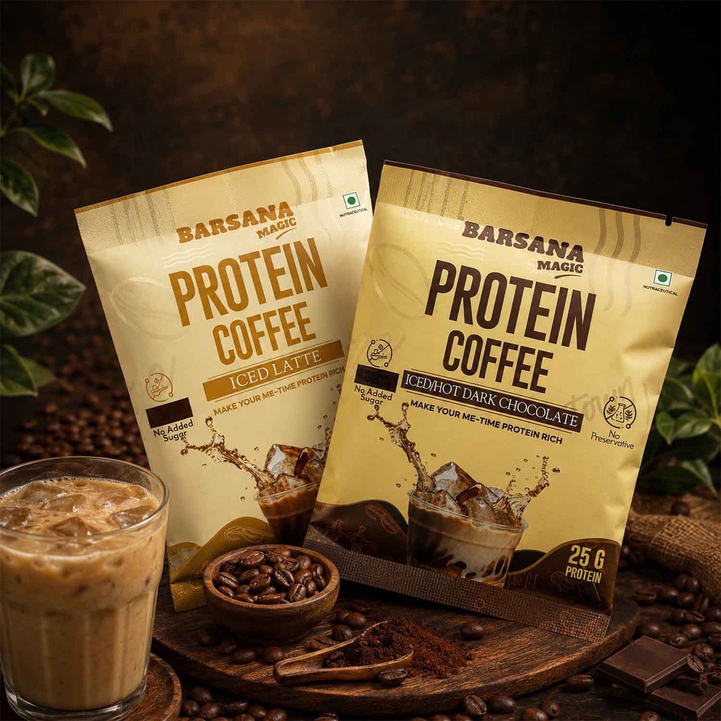 Barsana Magic and Two packages of Protein Coffee with a glass of iced coffee and coffee beans on a wooden surface.