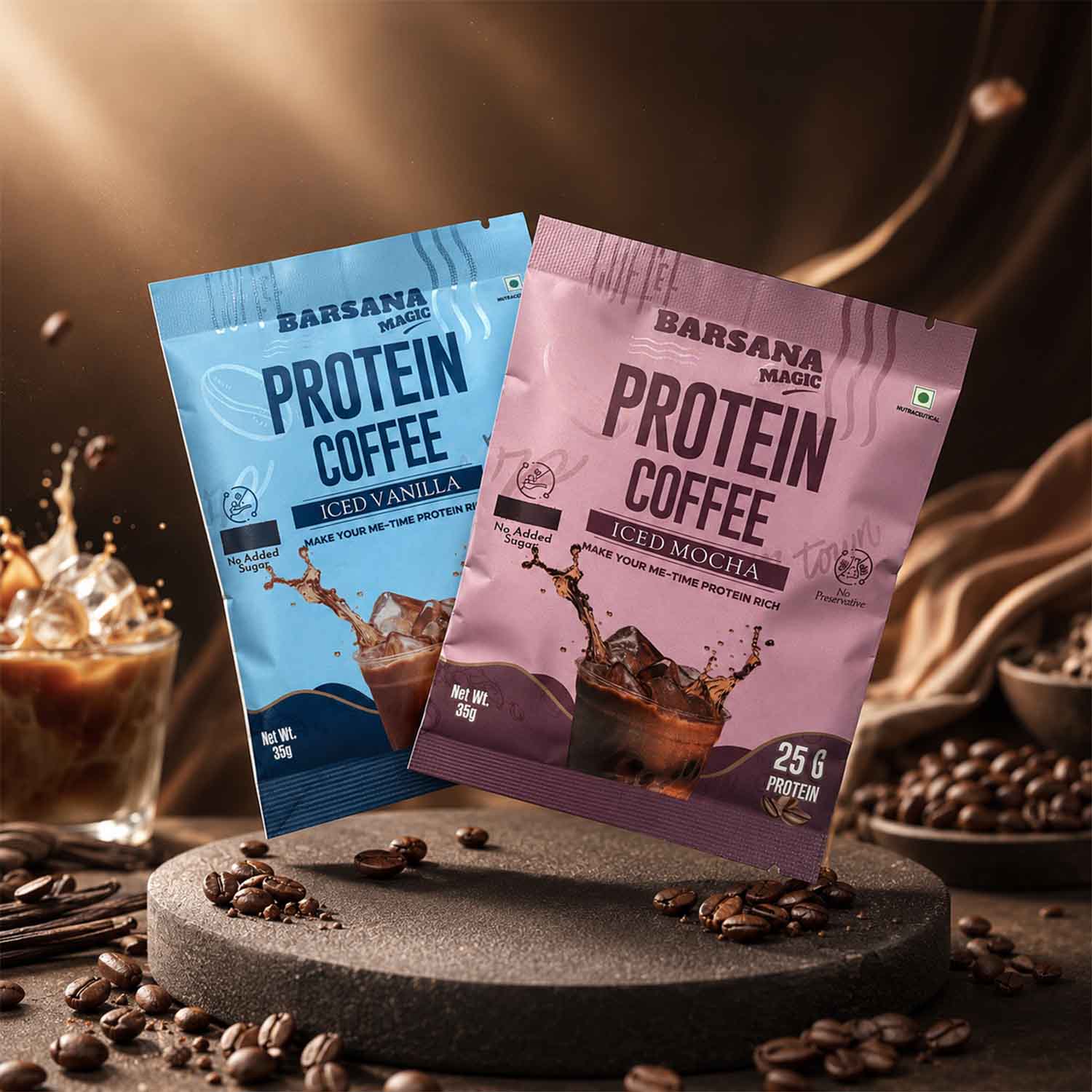 Barsana Magic and Two packages of Protein Coffee, one blue and one pink, on a dark surface with coffee beans and a blurred background.
