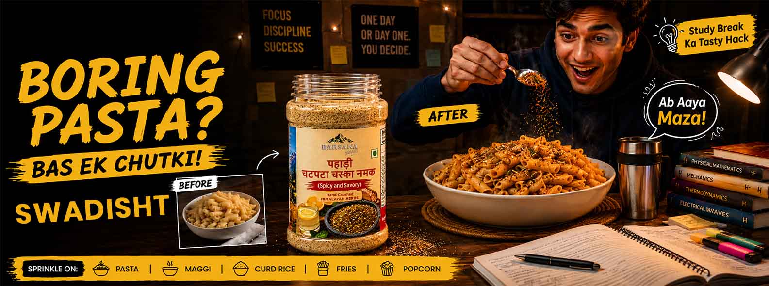 Barsana Magic and A promotional banner for Swadisht Boring Pasta, showing a jar of the product, a bowl of prepared pasta, and a man eating it with a surprised expression. The text reads 'BORING PASTA? BAS EK CHUTKI! SWADISHT'.