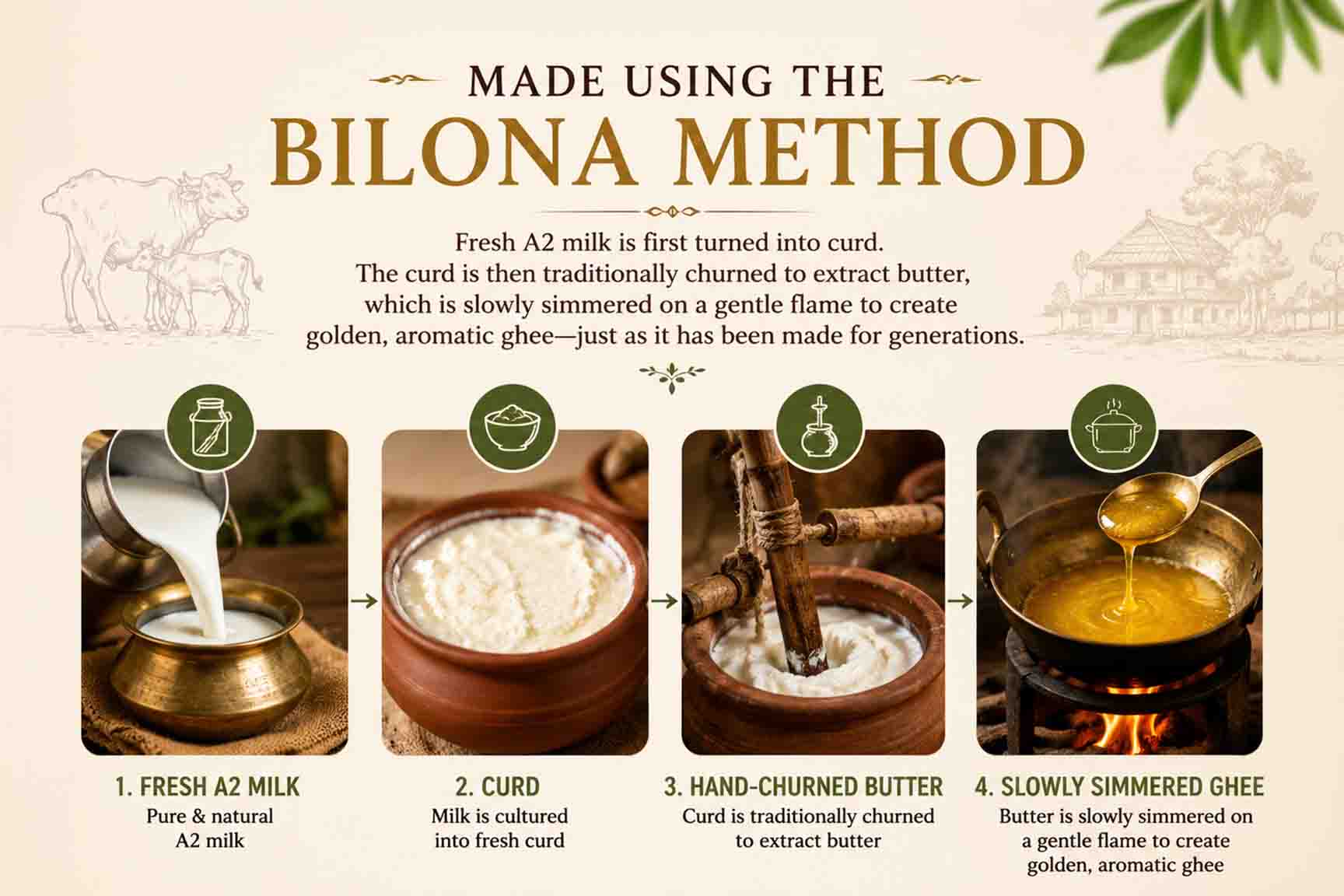 Barsana Magic and Process of making ghee using the Bilon method with step-by-step illustrations.