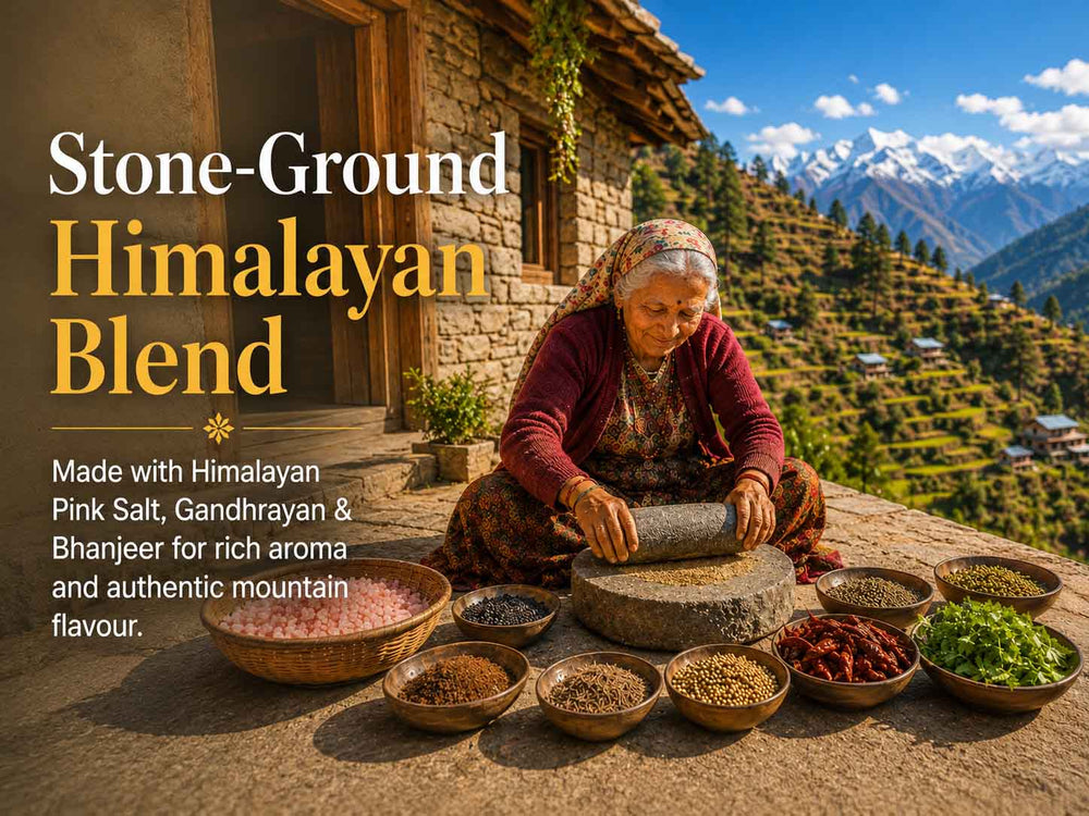 Barsana Magic and A woman sits outdoors on a stone platform in front of a rustic house, grinding a dark powder in a large stone mill. Bowls of spices and herbs are arranged around her, with a mountainous landscape in the background.