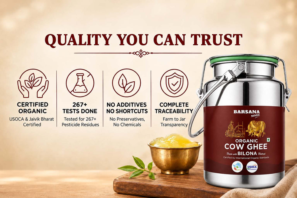 Barsana Magic and A jar of Organic Cow Ghee Bilona shown on a warm beige background with marketing text and icons about quality, alongside a small bowl of yellow ghee on a wooden surface.