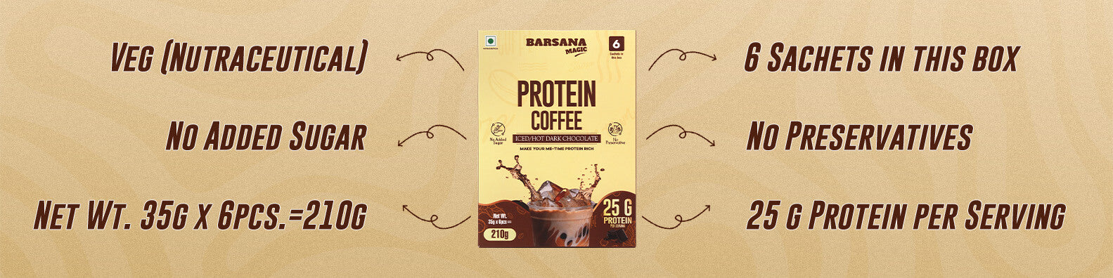 Barsana Magic and Protein Coffee package with nutritional information on a beige background