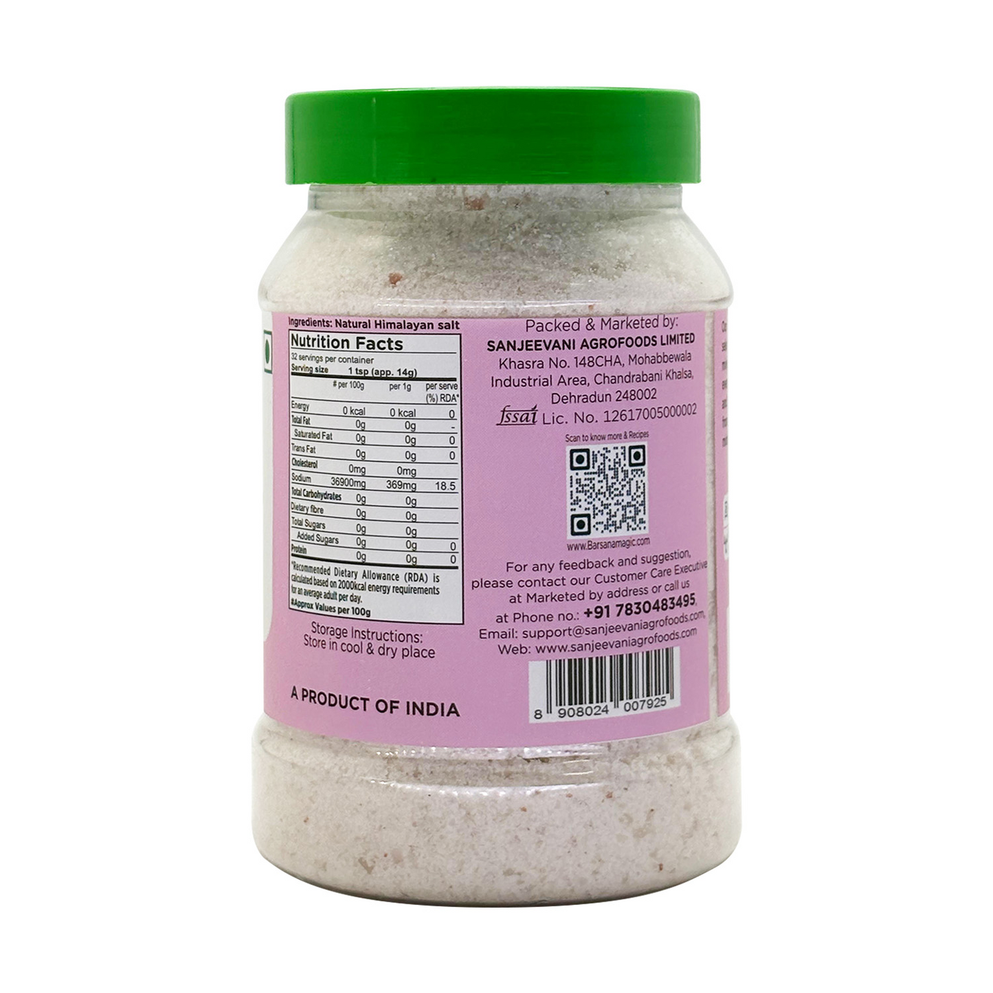 Barsana Magic and  Jar of salt with a pink label and green lid on a white background