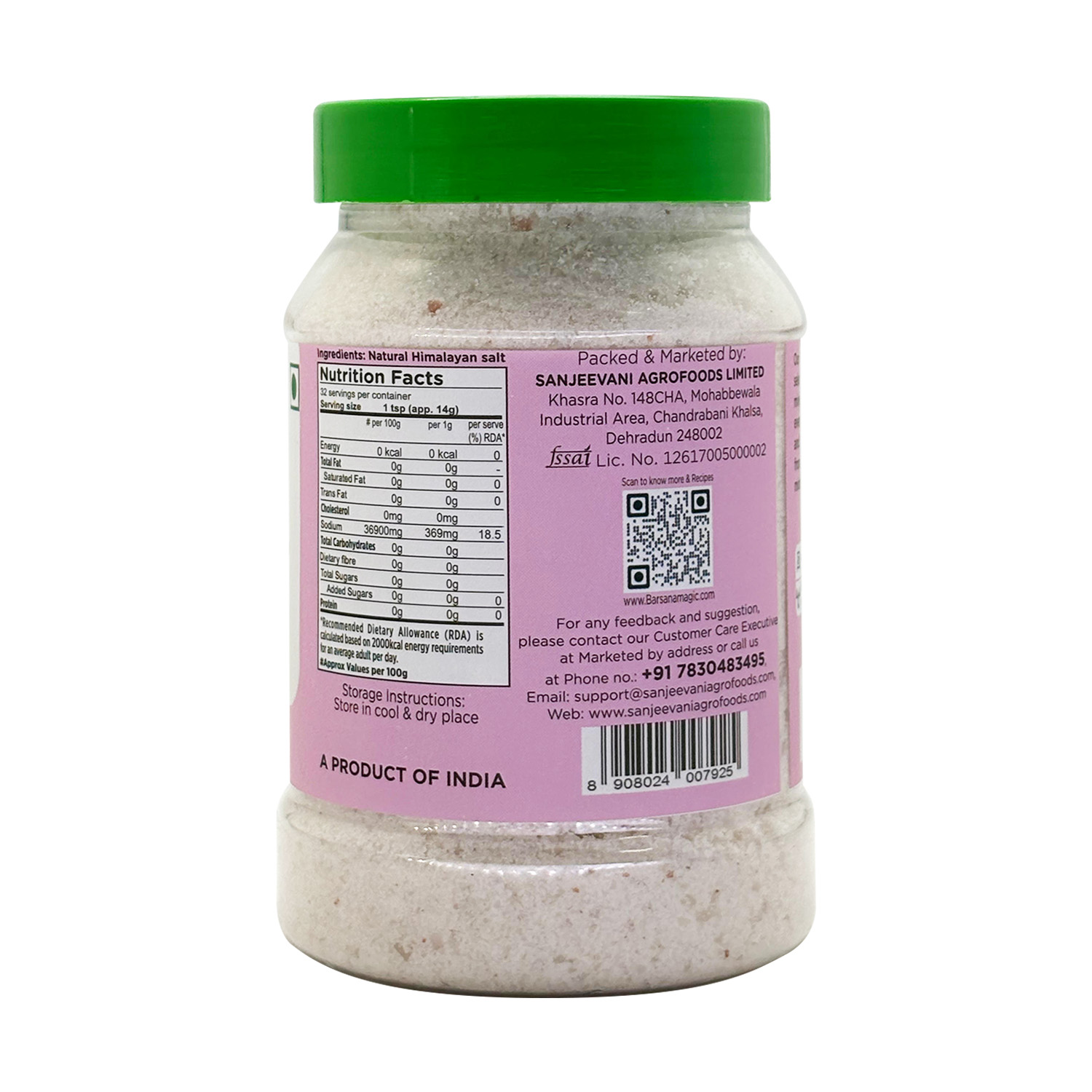 Barsana Magic and  Jar of salt with a pink label and green lid on a white background