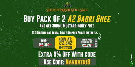 Barsana Magic A promotional banner for a Navratri Sale offering a pack of 2 A2 Badri Ghee with a free 300ml Mustard Honey, at a 20% discount.