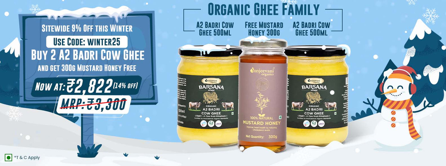 Barsana Magic and organic ghee and mustard honey with promotional text on a winter-themed background.