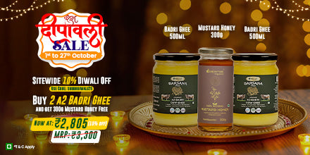 Barsana Magic A promotional banner for a Dewali  Sale offering a pack of 2 A2 Badri Ghee with a free 300ml Mustard Honey, at a 20% discount.