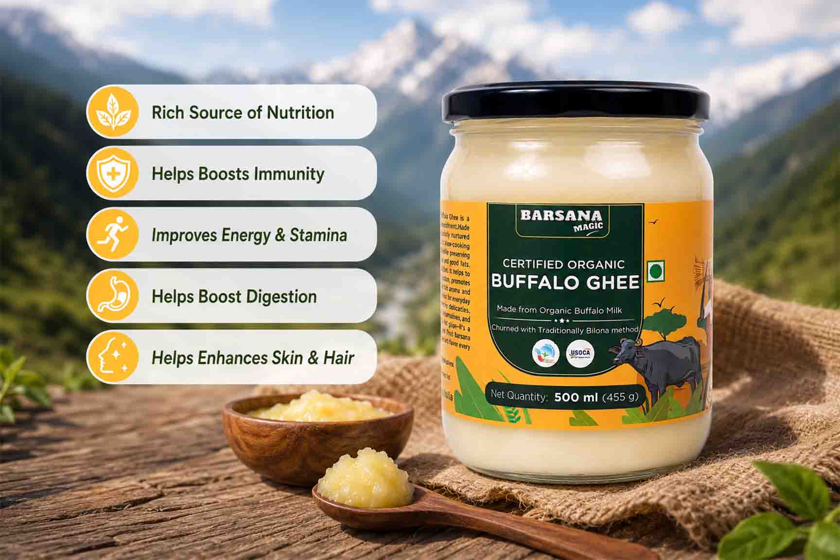 Barsana Magic and Jar of Organic Buffalo Ghee with mountainous background