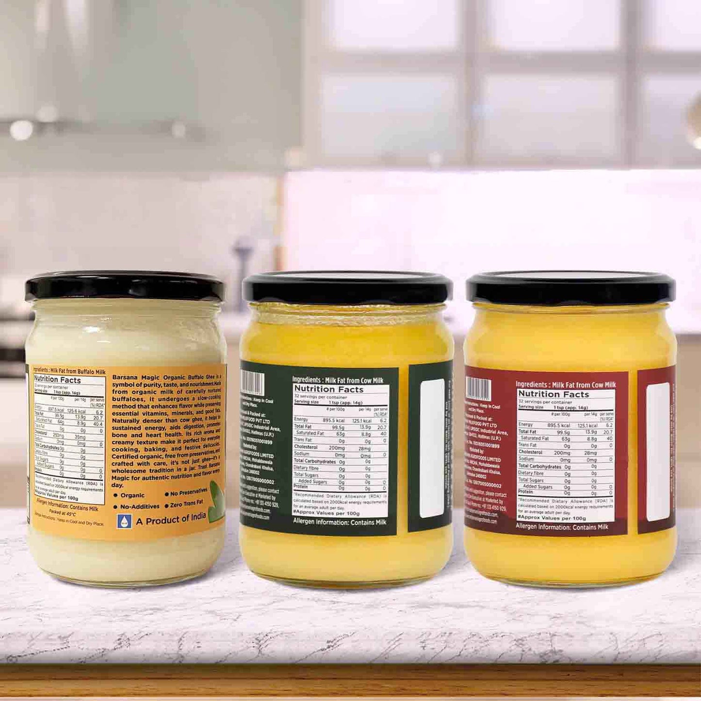 Barsana Magic and Three jars of mayonnaise with labels on a kitchen counter