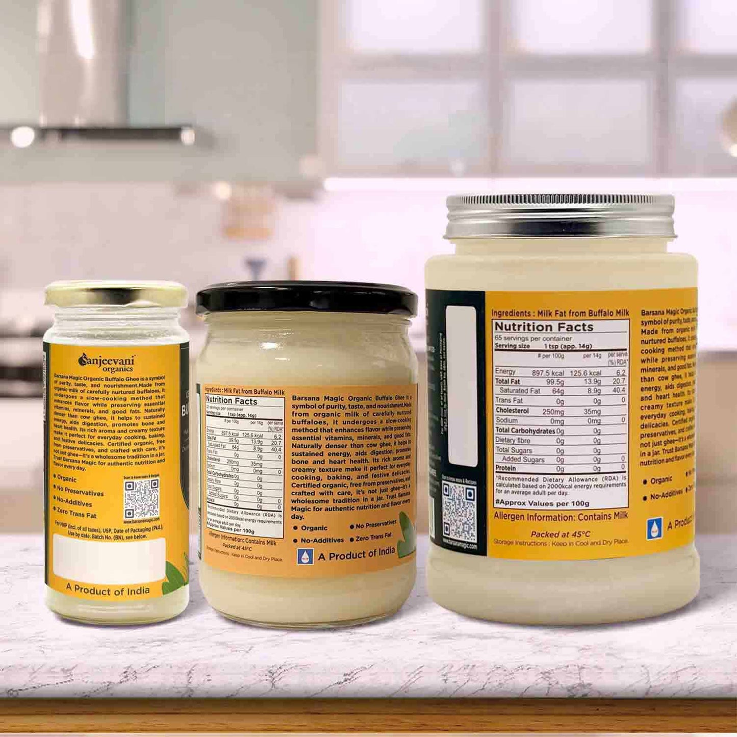 Barsana Magic and Three jars of Sanjeevani Organic Buffalo Mozzarella on a kitchen counter with labels.