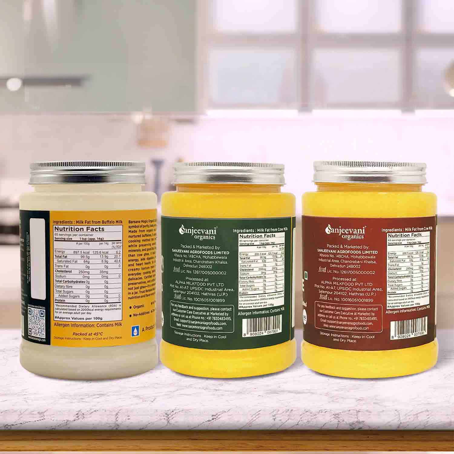Barsana Magic and Three jars of Sanjeevani product on a kitchen counter with labels facing the camera.