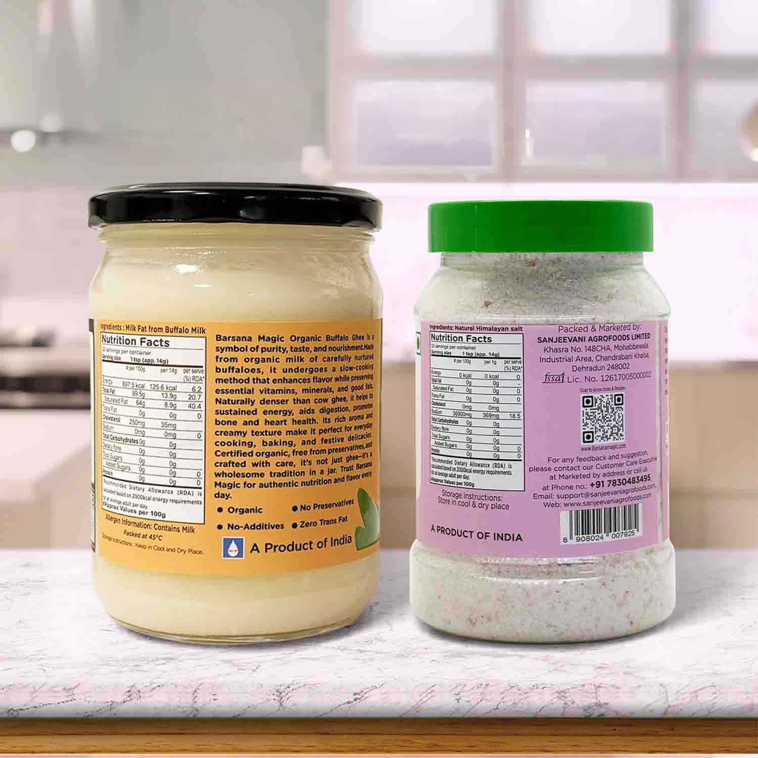 Barsana Magic and Two jars of food products on a kitchen counter with labels and nutritional information.