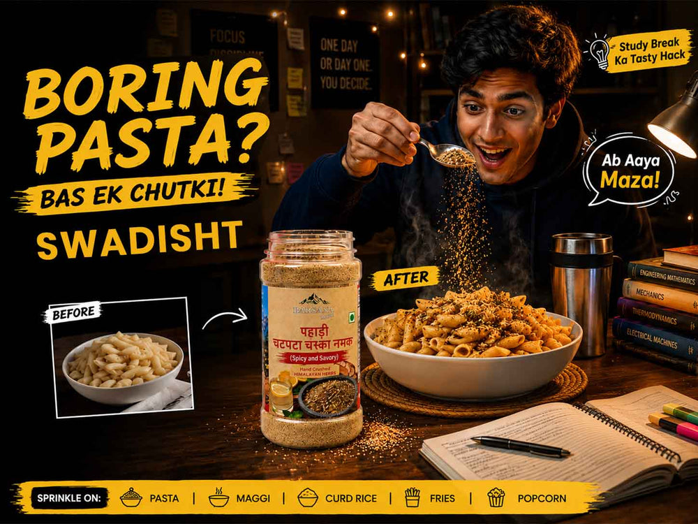 Barsana Magic and A promotional ad for a jar of Masali Chutki (spice mix) featuring a man excitedly sprinkling the chutki over a bowl of pasta. The ad includes text overlays in Hindi, such as 'BORING PASTA? BAS EK CHUTKI! SWADISHT', 'Ab Aaya Maza!', and a 'Before' and 'After' comparison showing the pasta texture change.