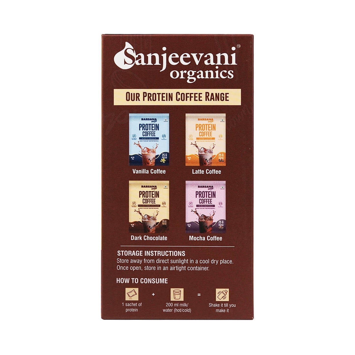 Barsana  Magic and Sanjeevani Organics protein coffee packaging with four flavor options on a white background