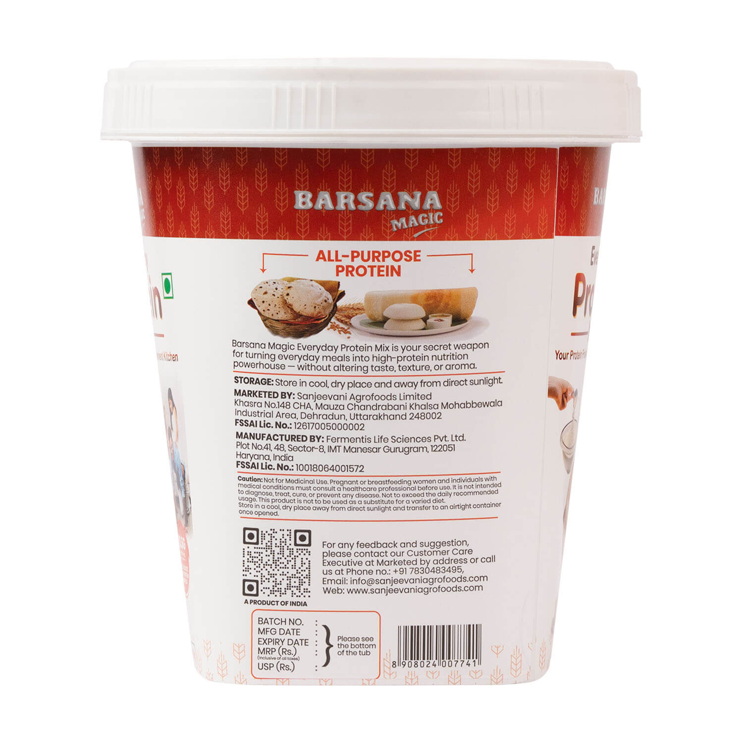 Barsana Magic and protein mix container with label on a white background