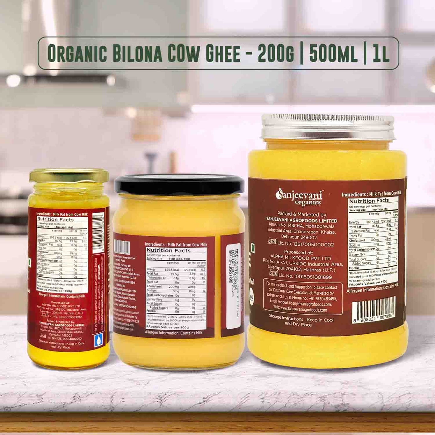 Barsana Magic and Three jars of Organic Bilona Cow Ghee on a kitchen counter