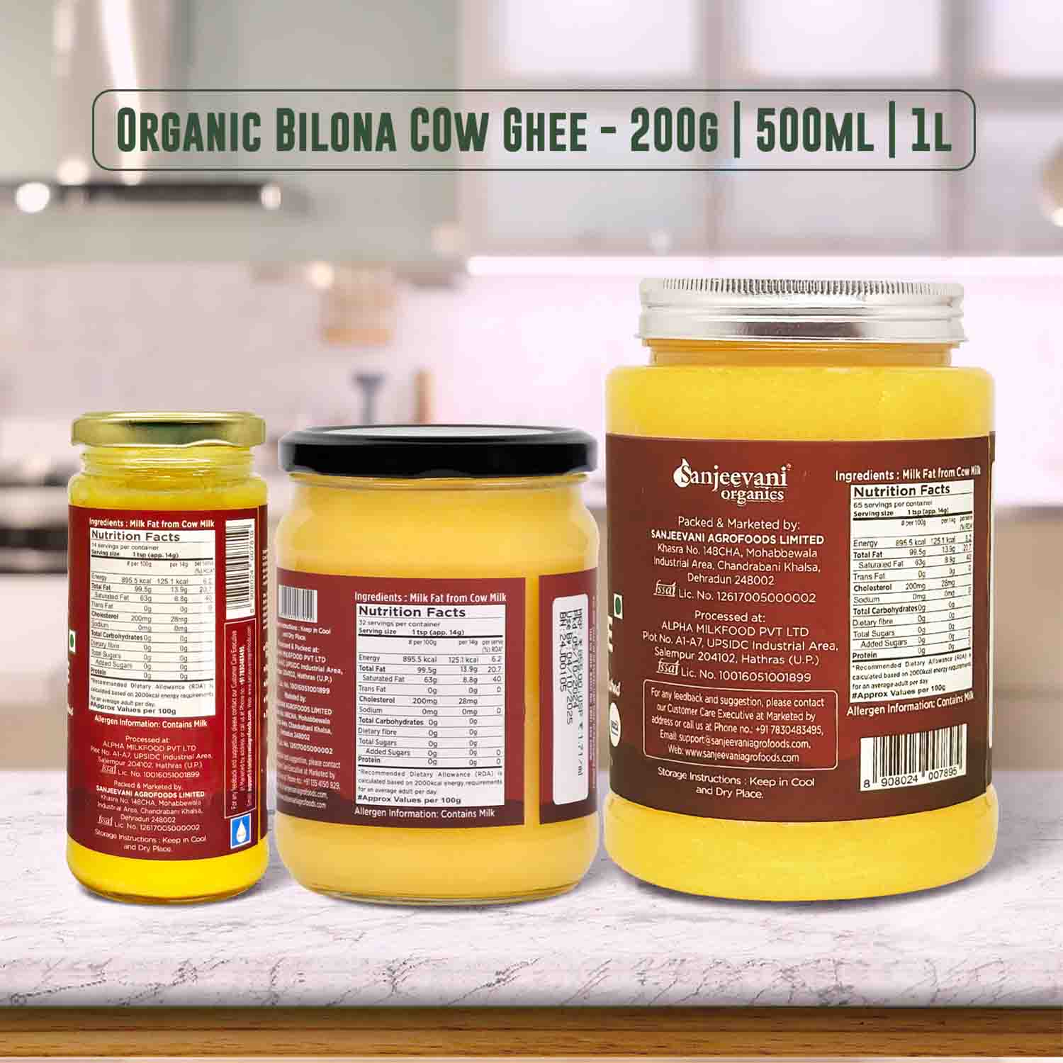Barsana Magic and Three jars of Organic Bilona Cow Ghee on a kitchen counter