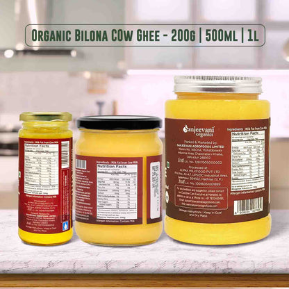 Barsana Magic and Three jars of Organic Bilona Cow Ghee on a kitchen counter