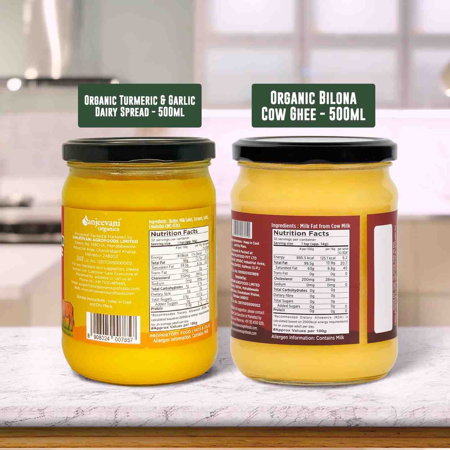 Barsana Magic and Two jars of organic dairy products with labels on a kitchen counter.