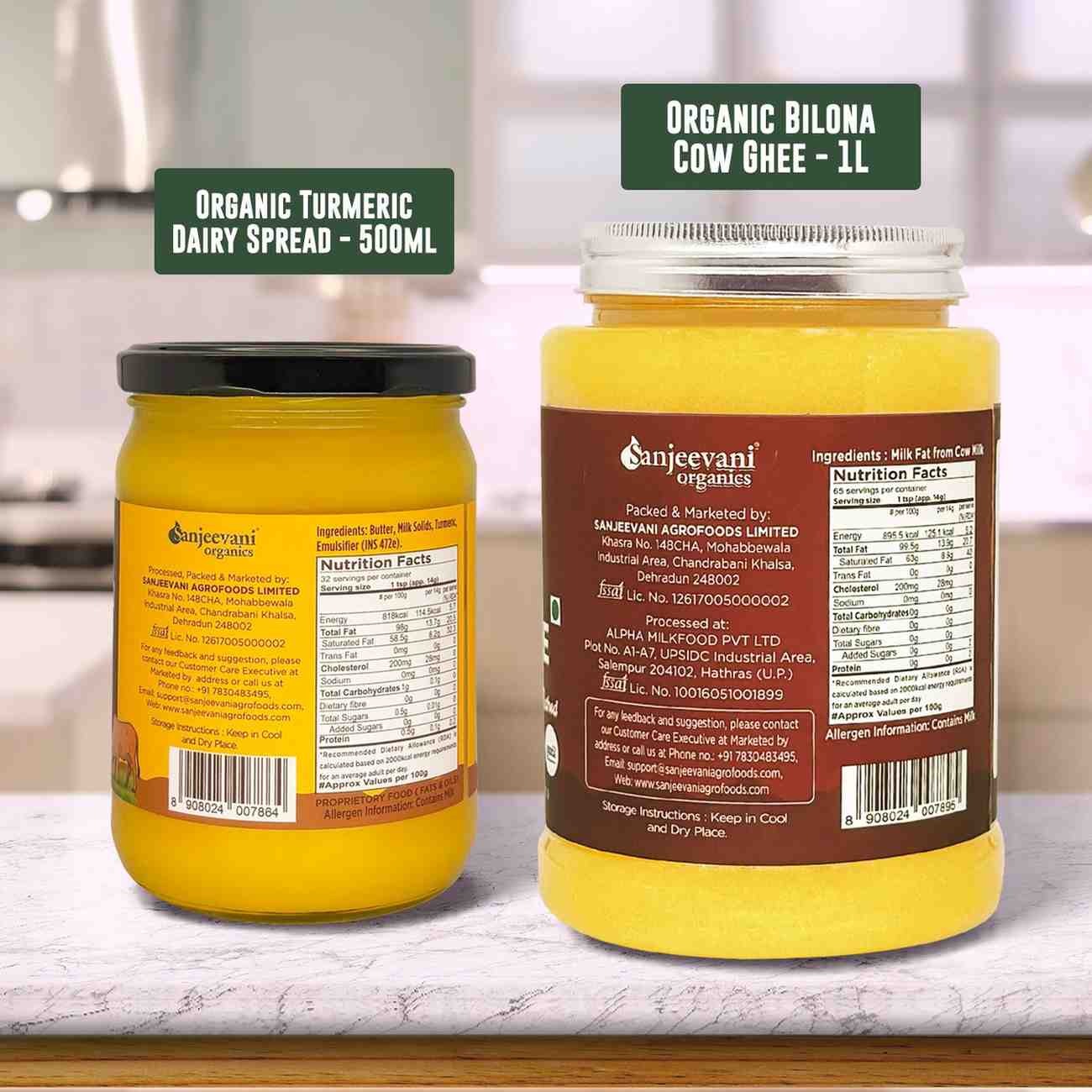 Barsana Magic and Two jars of Sanjeevani Organics products on a kitchen counter.