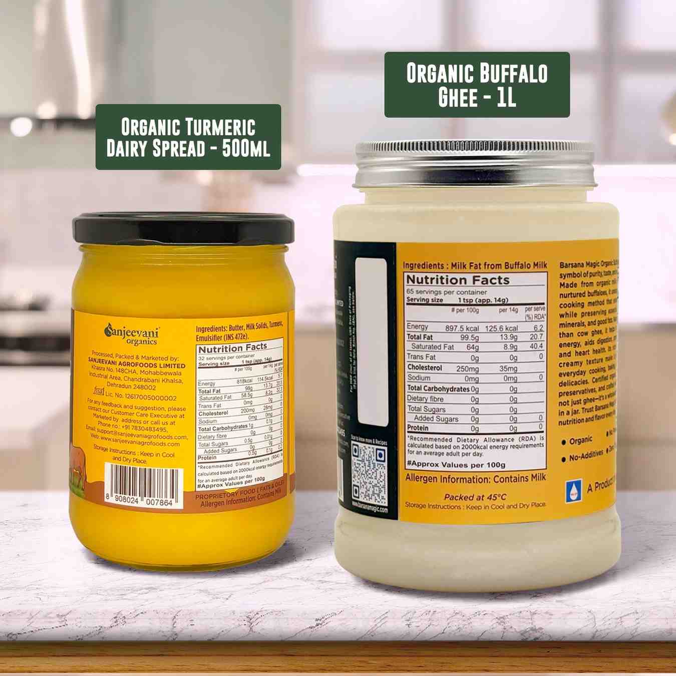 Barsana Magic and Two jars of organic dairy products on a kitchen counter