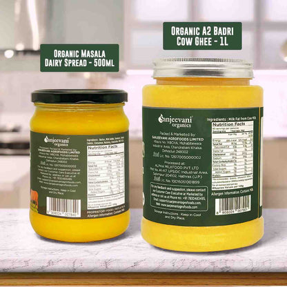 Barsana Magic and Two jars of Sanjeevani Organics dairy products on a kitchen counter.