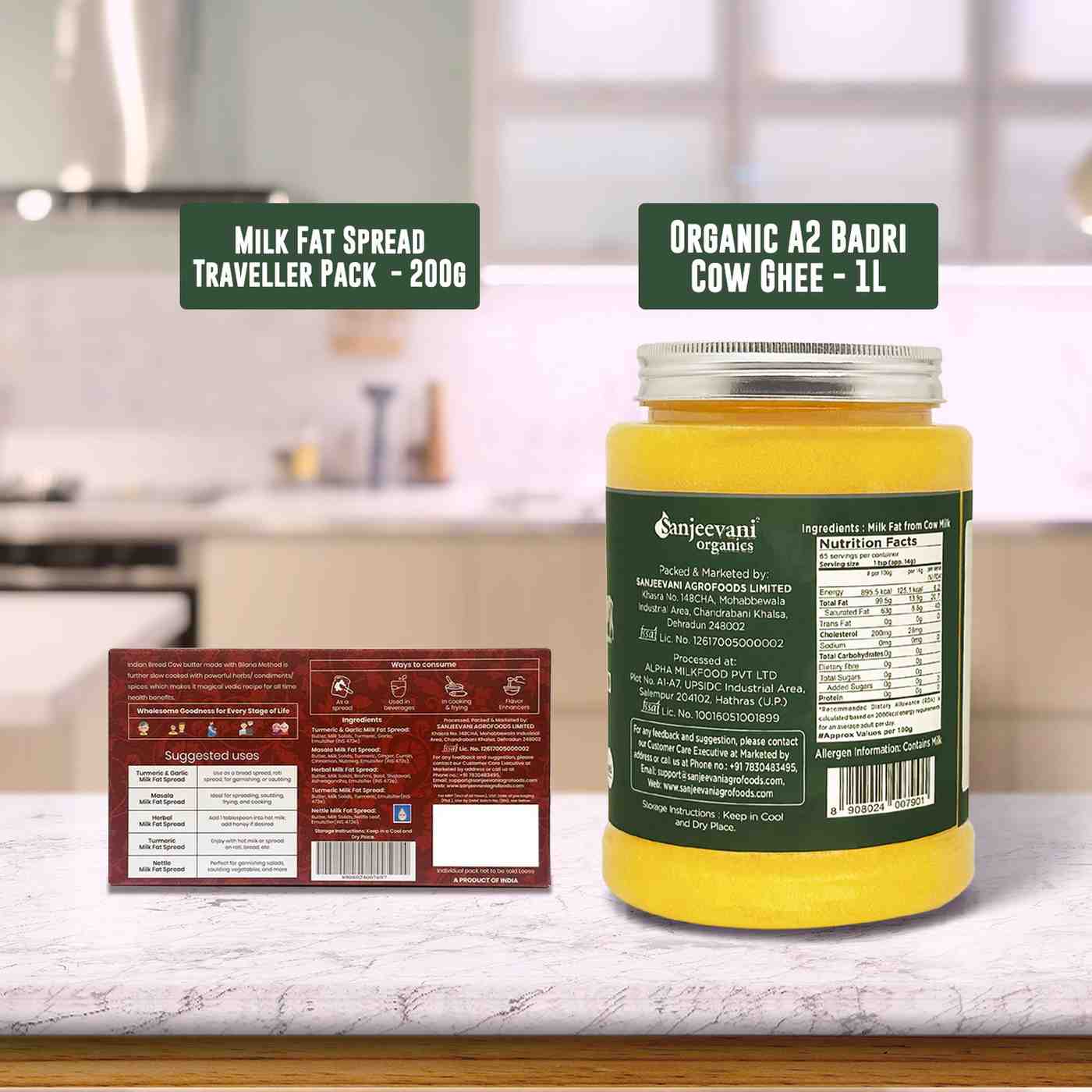 Barsana Magic and Jars of milk fat spread and organic cow ghee on a kitchen counter