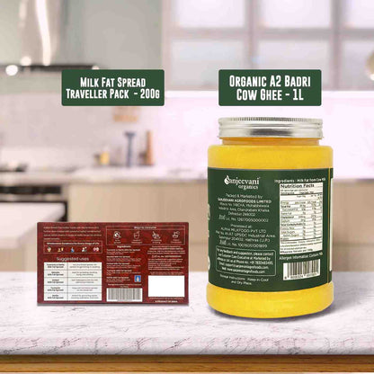 Barsana Magic and Jars of milk fat spread and organic cow ghee on a kitchen counter