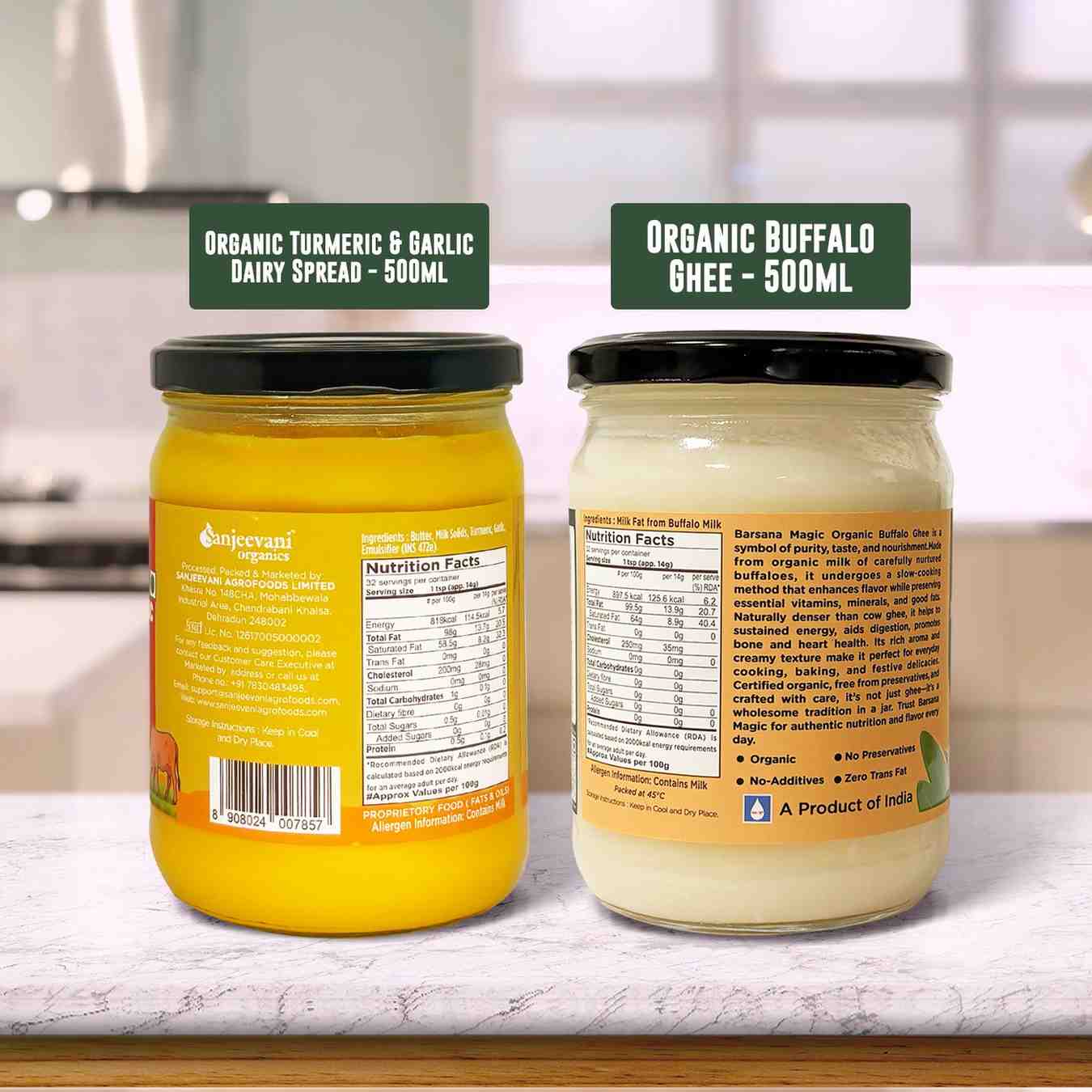 Barsana Magic and Two jars of organic dairy products on a kitchen counter with labels.