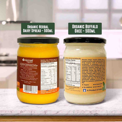 Barsana Magic and Two jars of organic dairy products on a kitchen counter with labels.