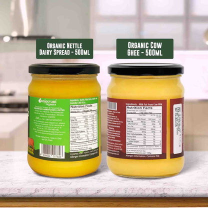 Barsana Magic and  Two jars of organic dairy products on a kitchen counter with labels.