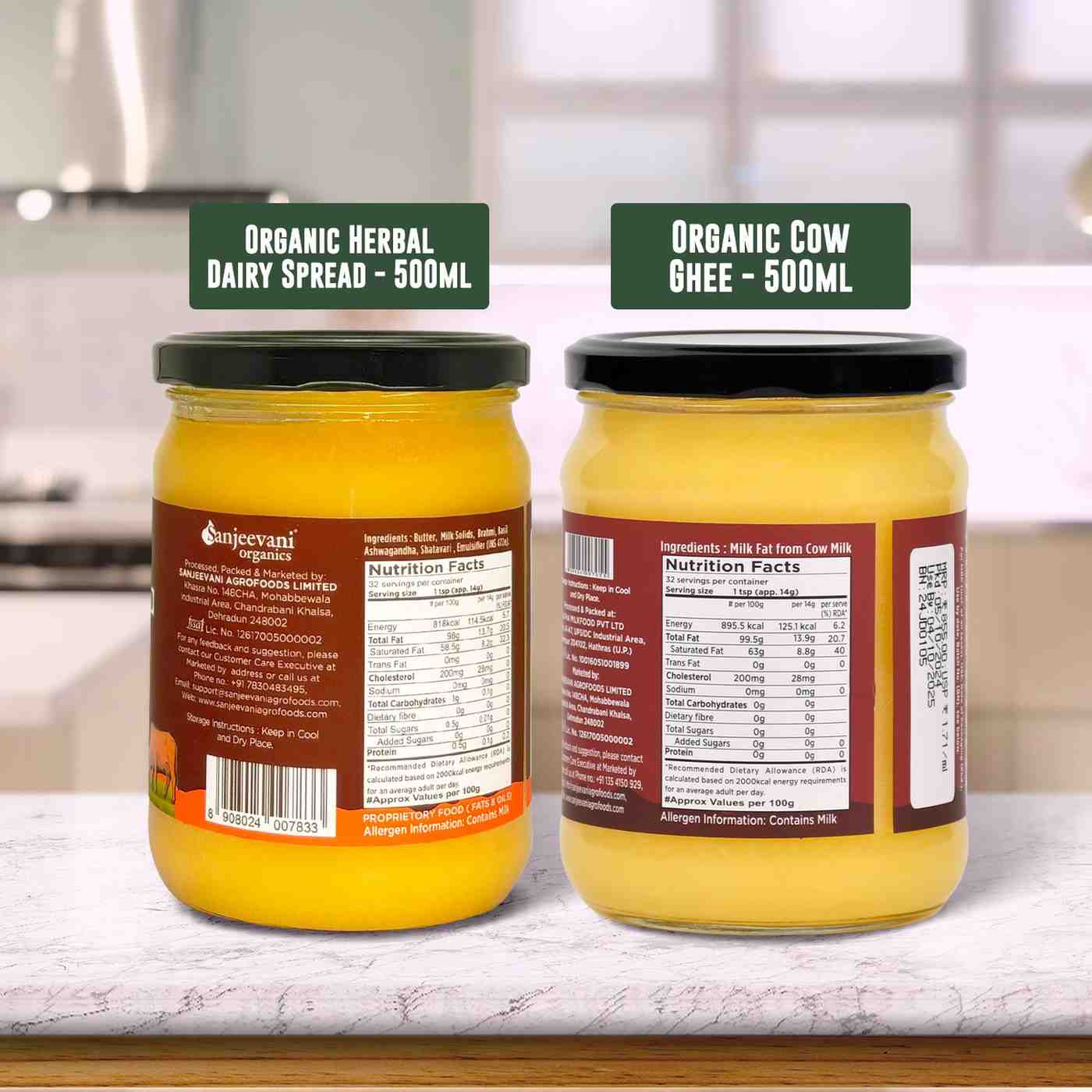 Barsana Magic and Two jars of organic dairy products on a kitchen counter with labels.
