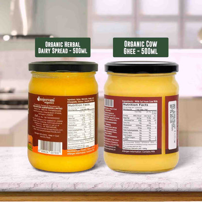 Barsana Magic and Two jars of organic dairy products on a kitchen counter with labels.