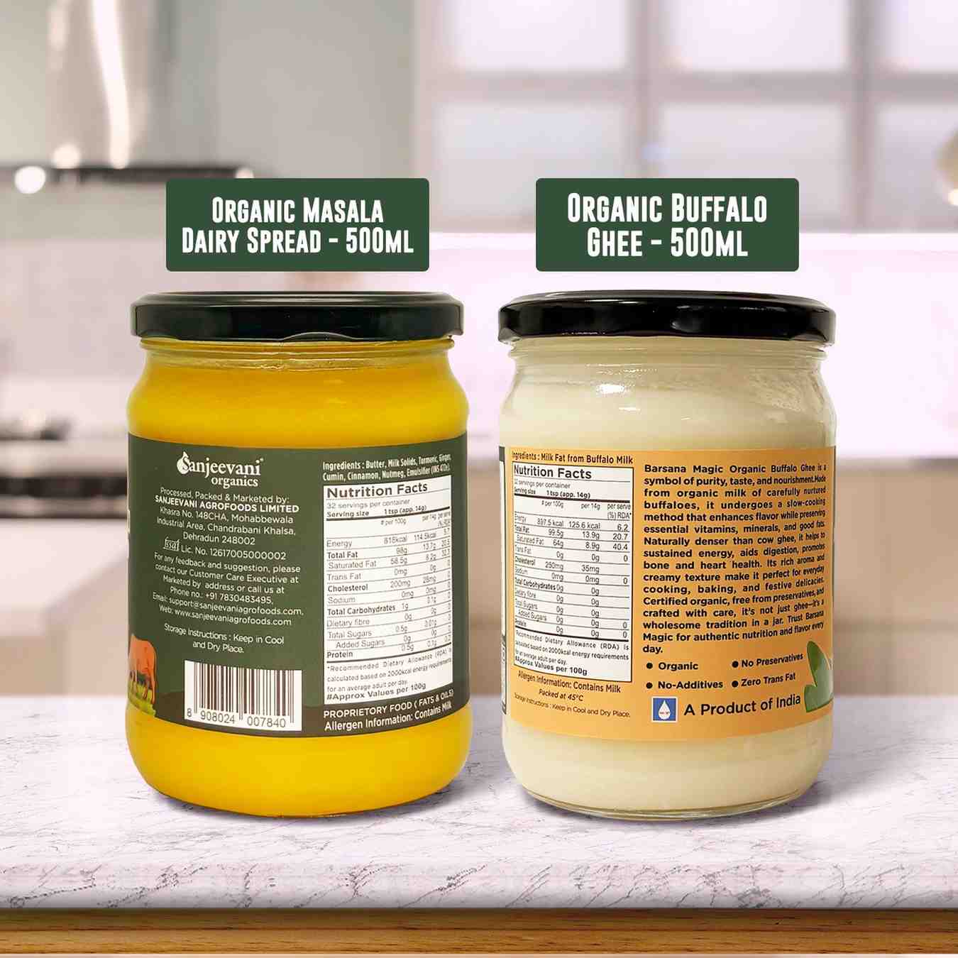 Barsana Magic and Two jars of organic dairy products on a kitchen counter with labels.