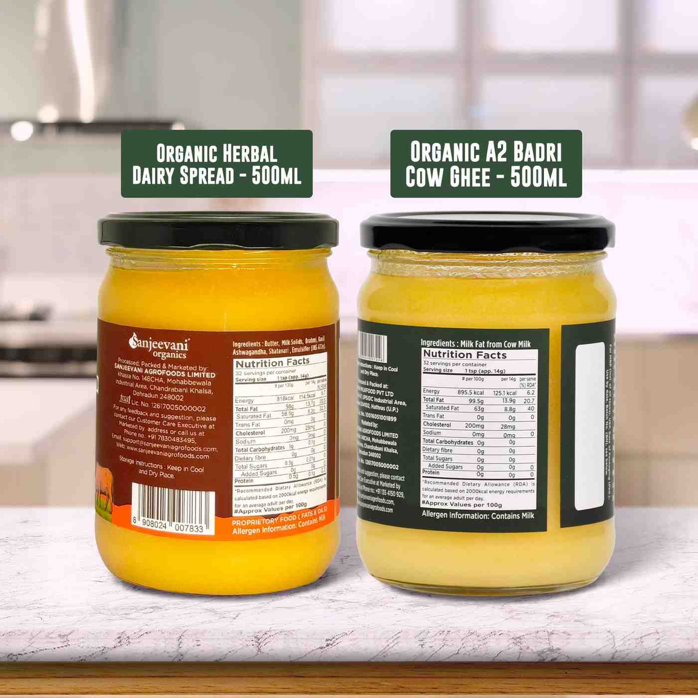 Barsana Magic and Two jars of organic dairy products on a kitchen counter with labels.