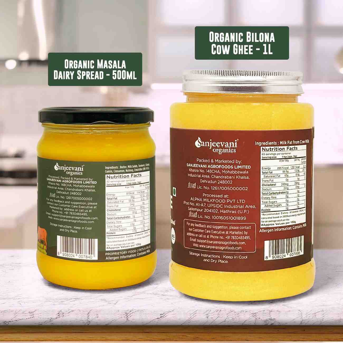 Barsana Magic and Two jars of Sanjeevani Organics products on a kitchen counter.