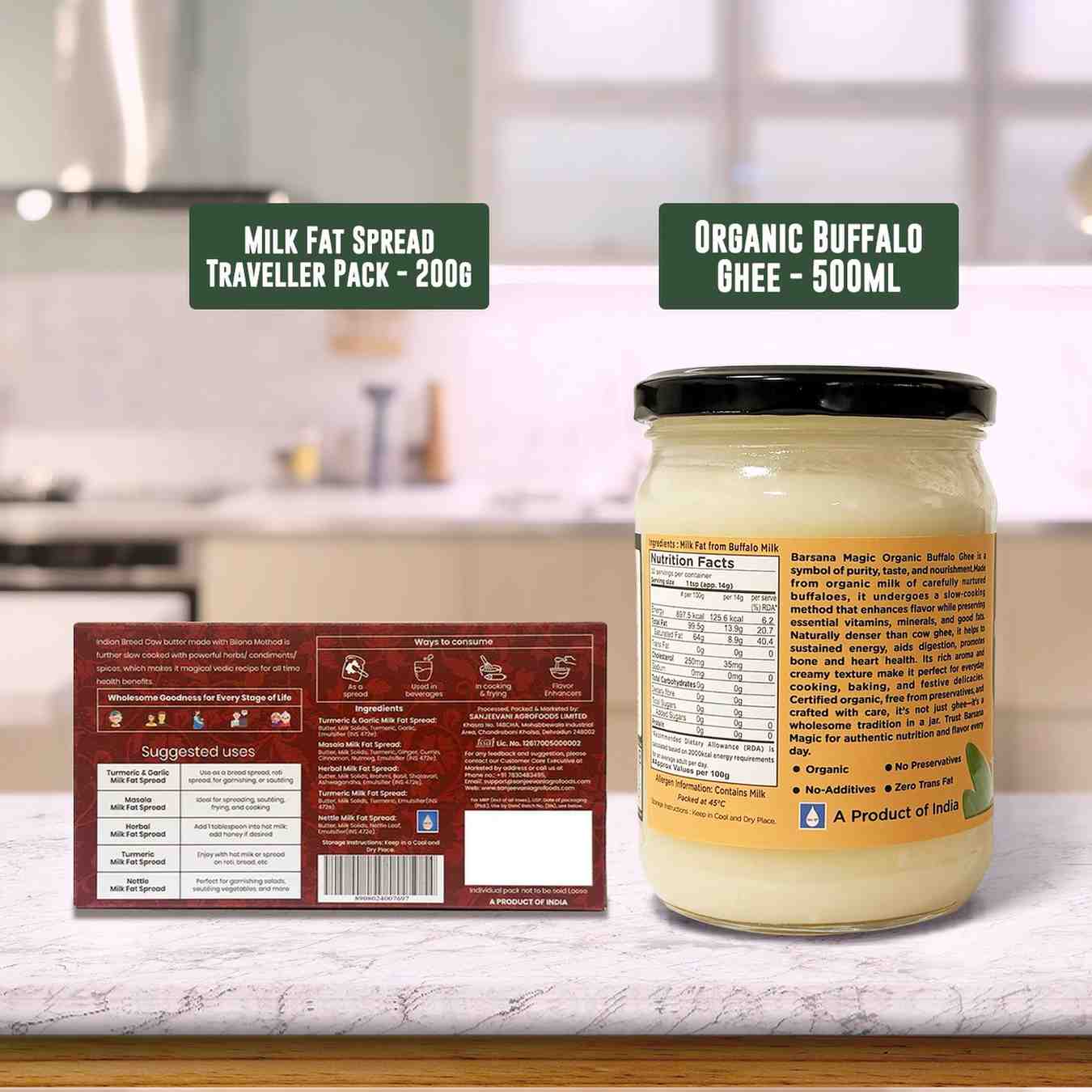 Barsana Magic and Jar of organic buffalo ghee with labels on a kitchen counter