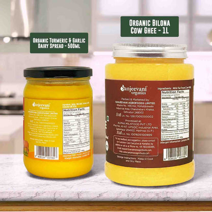 Barsana Magic and Two jars of organic dairy products on a kitchen counter with labels visible.