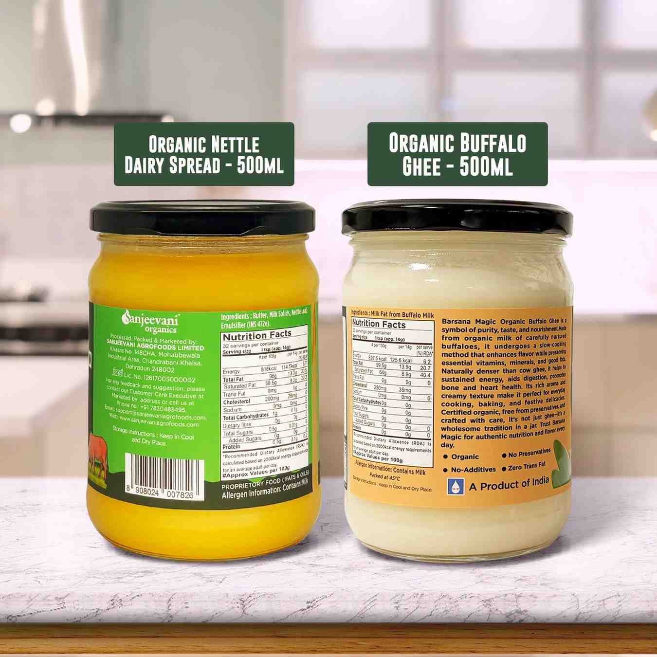 Barsana Magic and Two jars of organic dairy products on a kitchen counter with labels.