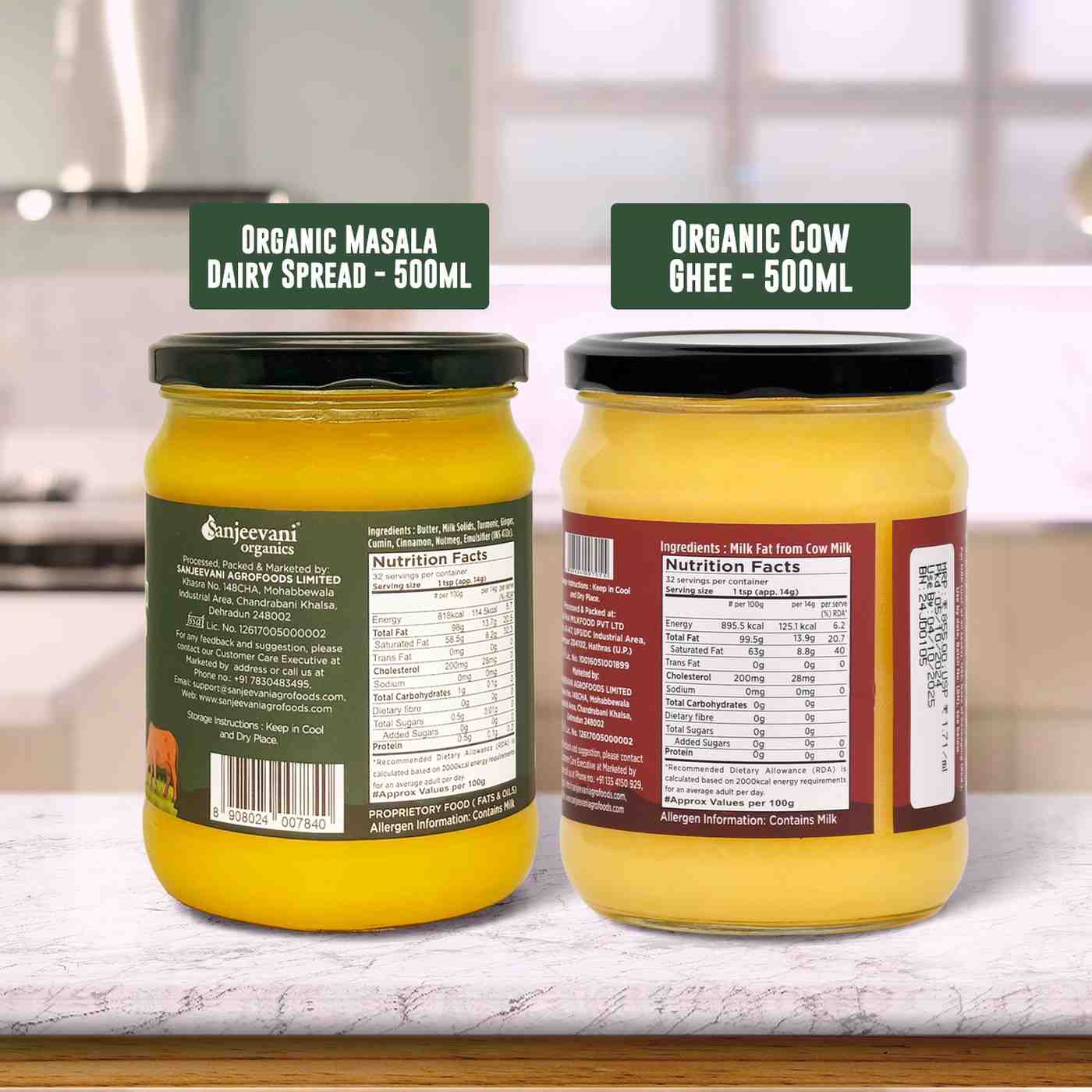 Barsana Magic and Two jars of organic dairy products on a kitchen counter with labels.
