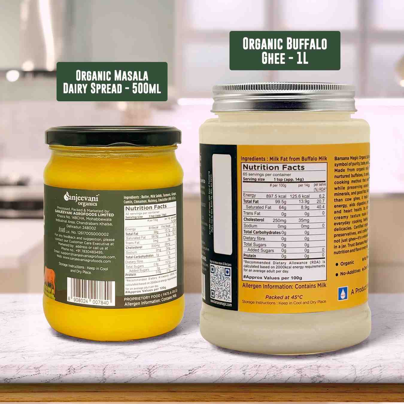 Barsana Magic and Two jars of organic dairy products on a kitchen counter