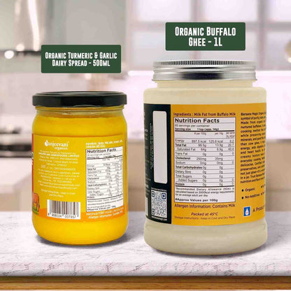Barsana Magic and Two jars of organic dairy products on a kitchen counter with labels and nutritional information.