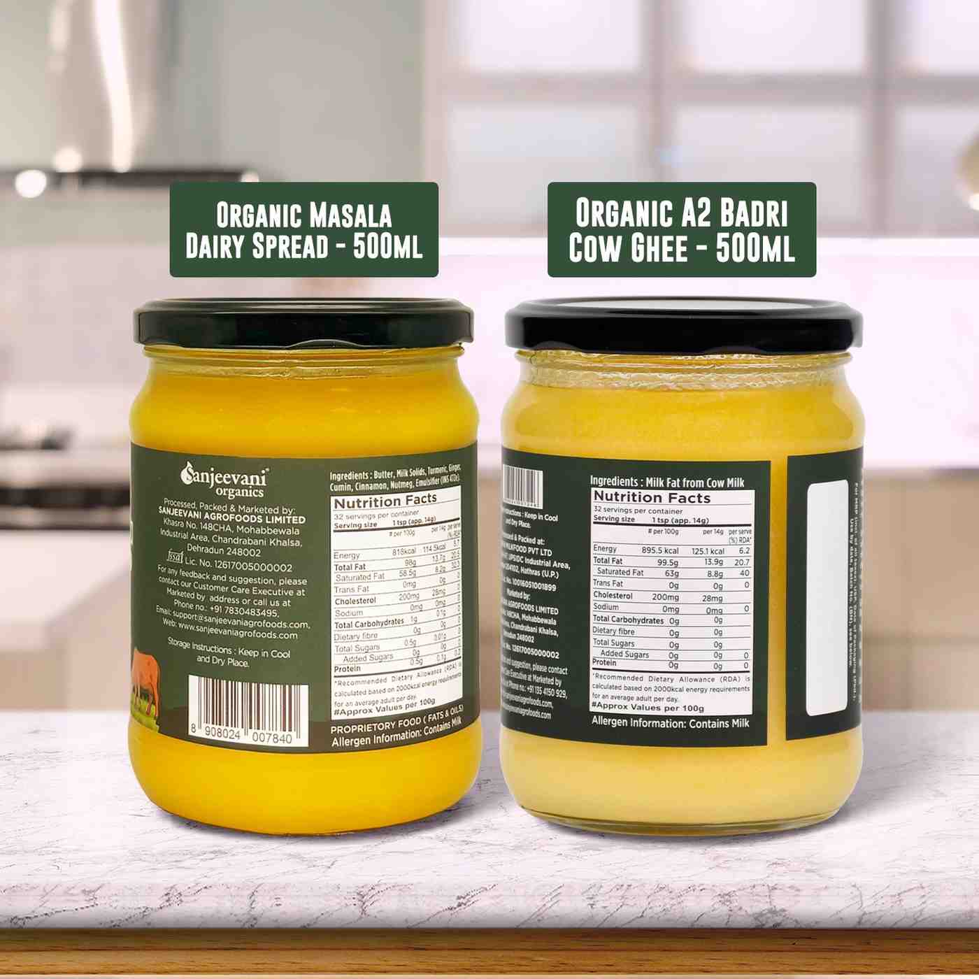 Barsana Magic and Two jars of organic dairy products on a kitchen counter with labels.
