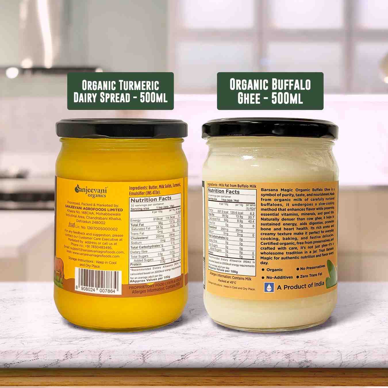 Barsana Magic and Two jars of organic dairy products on a kitchen counter with labels.